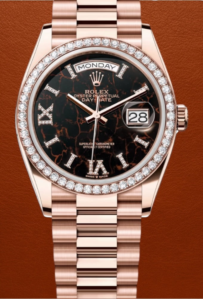 Rolex Day-Date Everose Eisenkiesel Roman Diamond Set Bezel