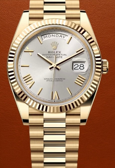 Rolex Day-Date Yellow Gold Silver Roman Dial 40mm