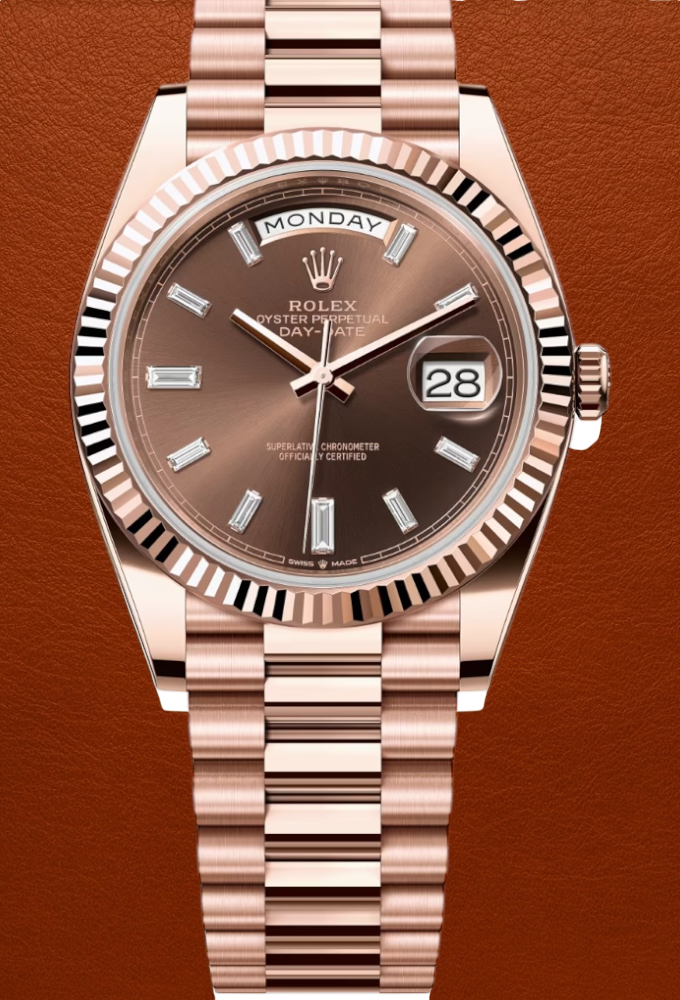 Rolex Day-Date Everose Chocolate Baguette Diamond Dial 40mm